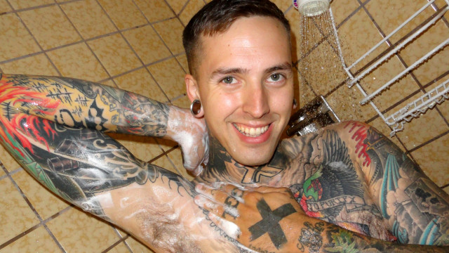Tatted Biker Stud With Giant Balls Gets Relief in the Shower